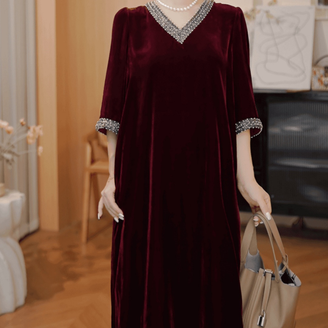 Womens Beaded Real Silk Velvet Dress