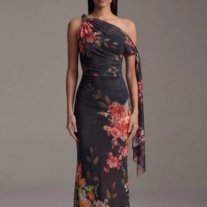 Womens Digital-Print One-Shoulder Defined-Waist Dress