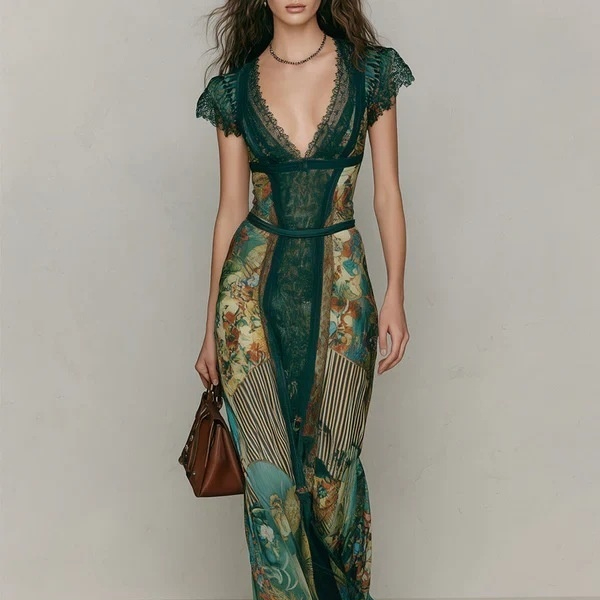 Printed Waist-cinching Figure-flattering Flowing Mermaid Maxi Dress For Vacation