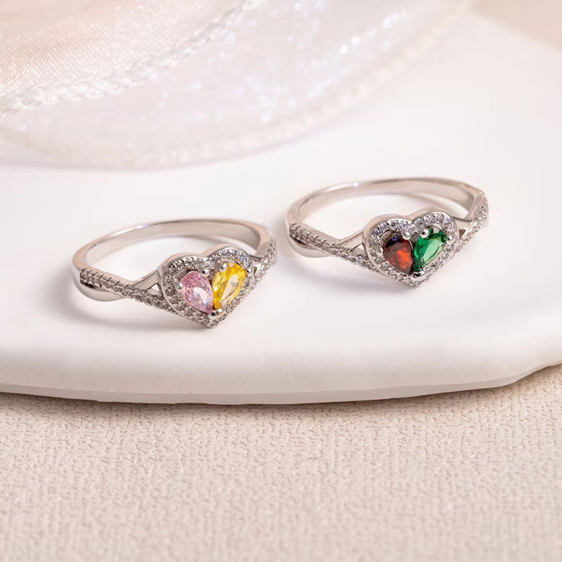 Zircon Inlaid Simple Style Birthstone Heart-shaped Ring