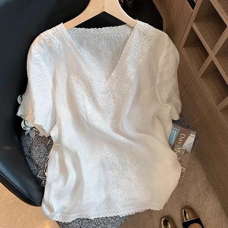 Embroidered Linen Short-sleeve Blouse For Women — image 1