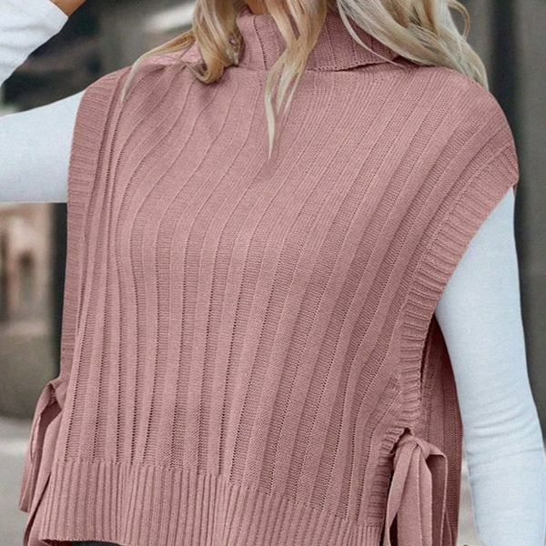 Solid-color Turtleneck Sleeveless Side-tie Pullover Outer Vest Sweater