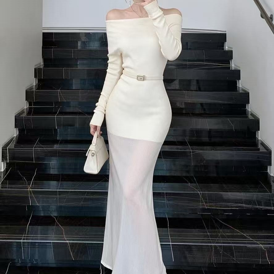 One-shoulder Long-sleeve Knitted Patchwork Dress