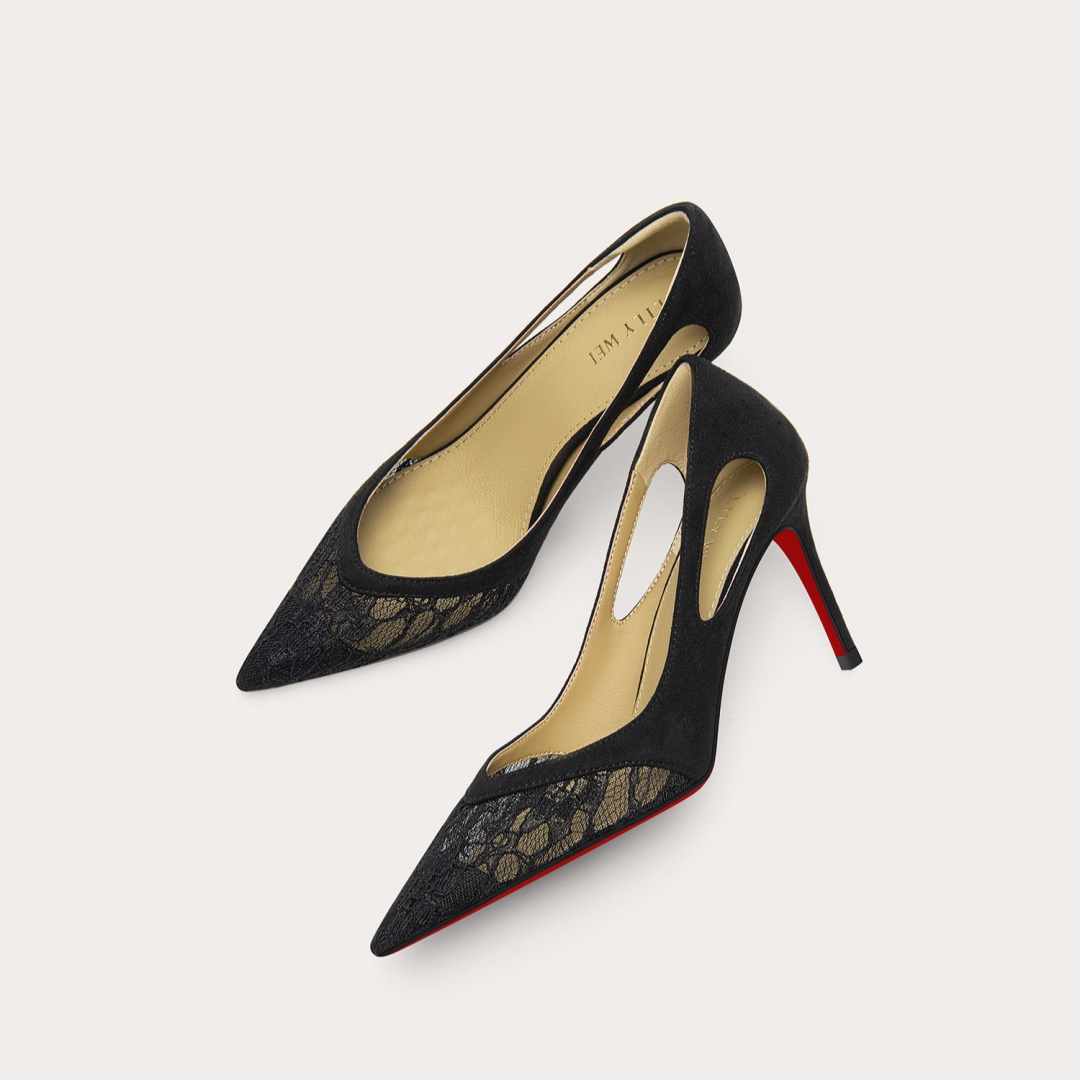 Elegant Black Lace High Heels With A Red Sole