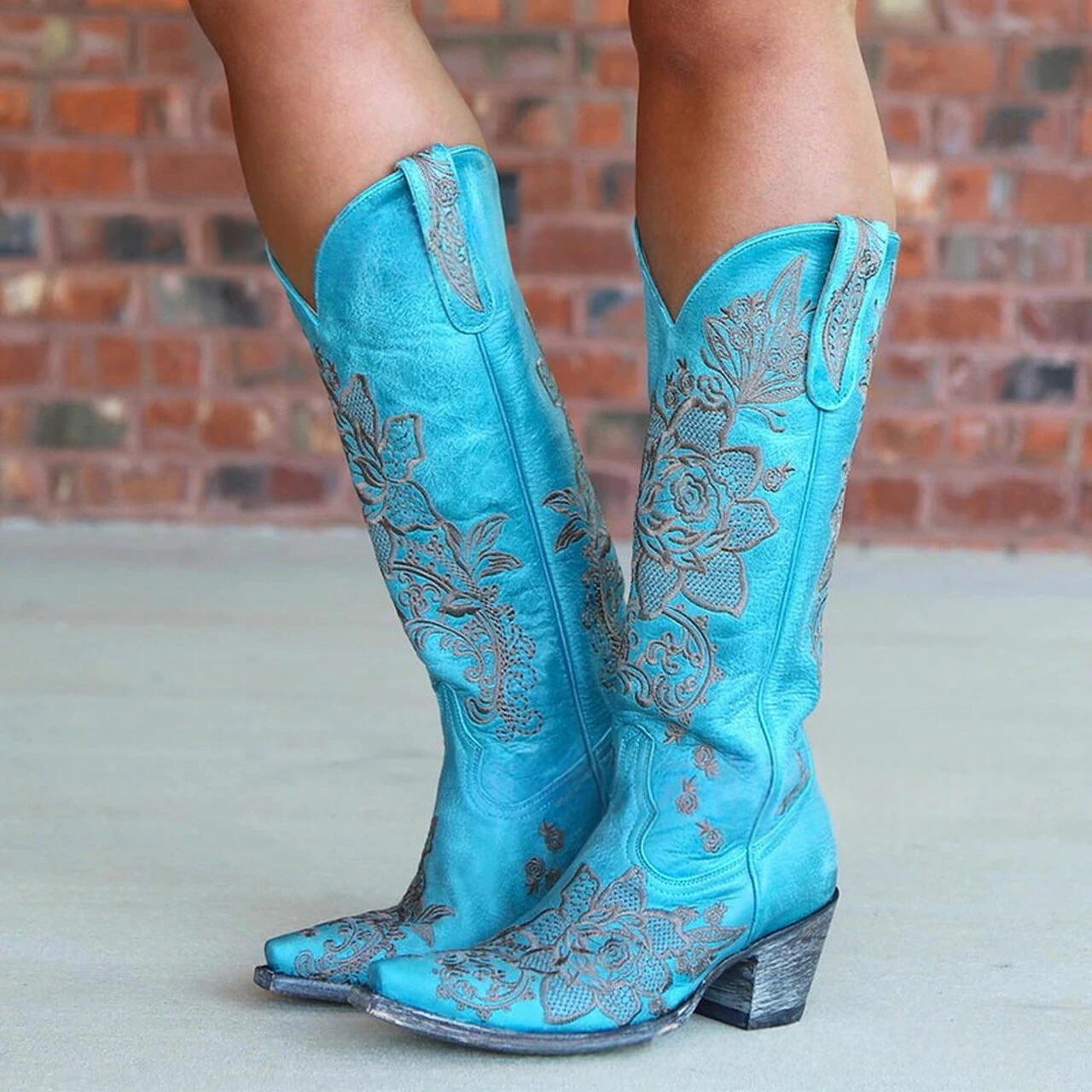 Embroidered Mid Heel Boots