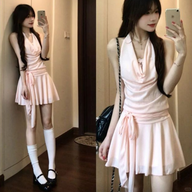Fitted-waist Lace Patchwork Faux Two-piece Dress With A Tie Belt