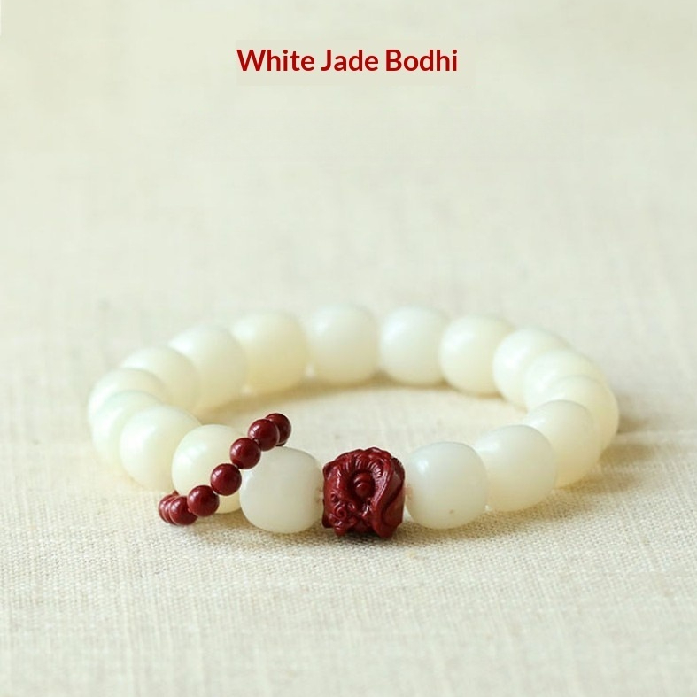 White Bodhi Seed Bead Bracelet With Lion Dance Design