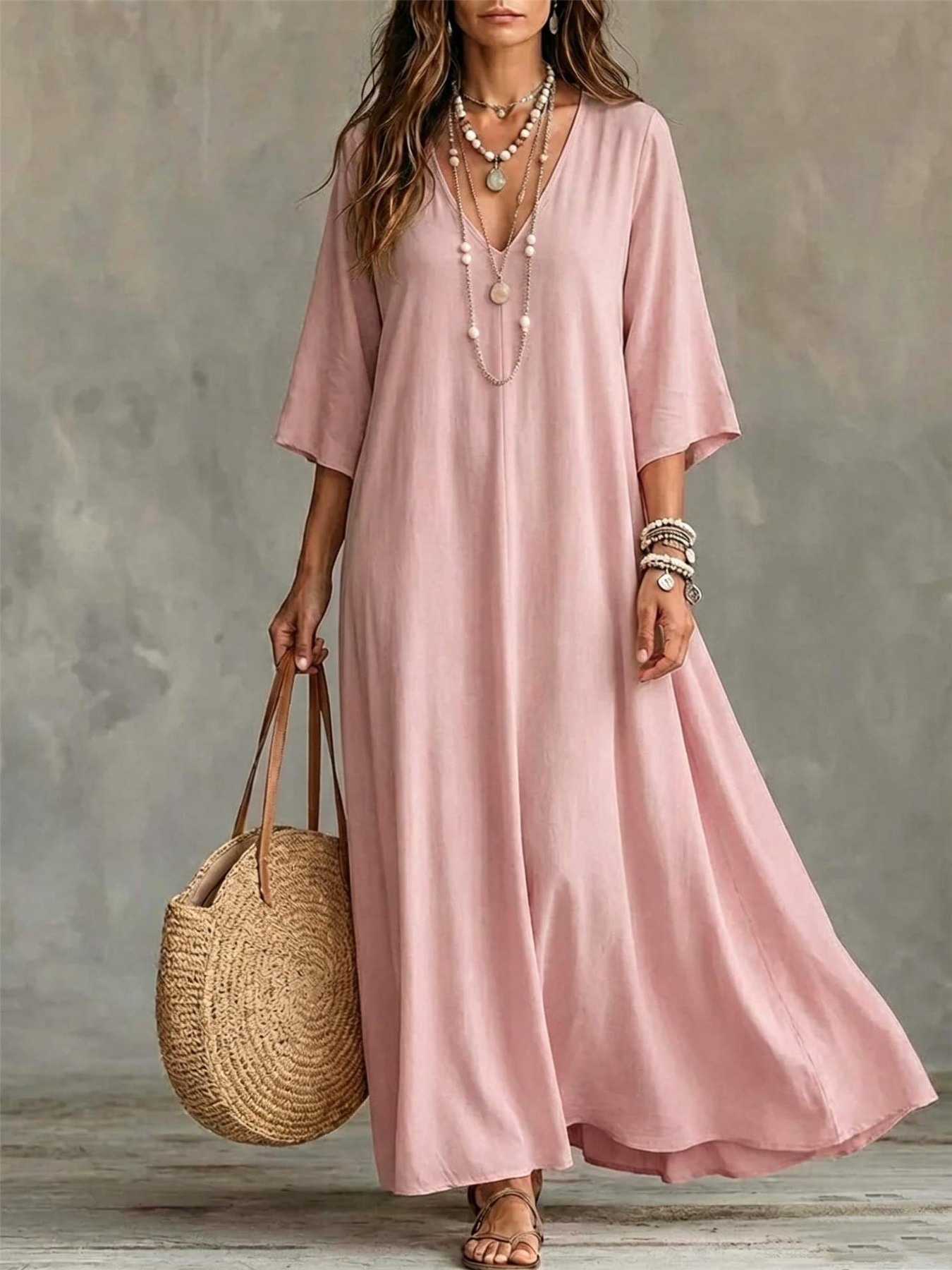 Simple Solid-color V-neck Long Dress
