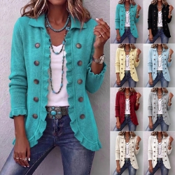 Elegant Womens Solid-Color Long-Sleeve Ruffled Knit Cardigan Sweater Coats With Buttons Spring Fall Front Opent Jackets Tops