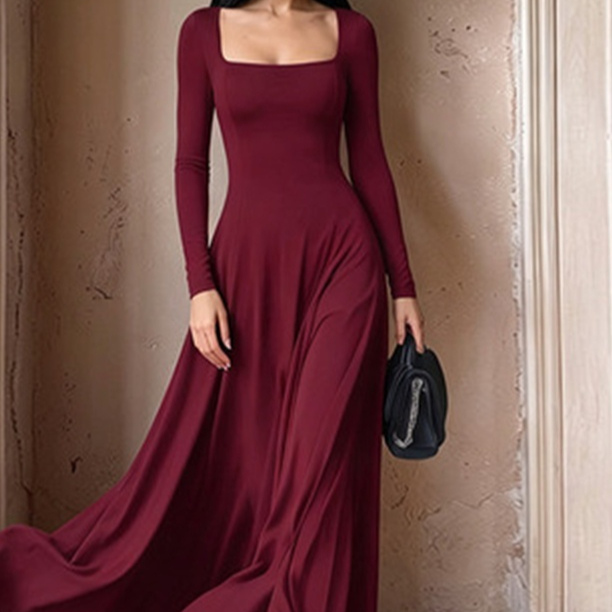 Womens Square-neck Long-sleeve Waist-cinching Pleated Dress