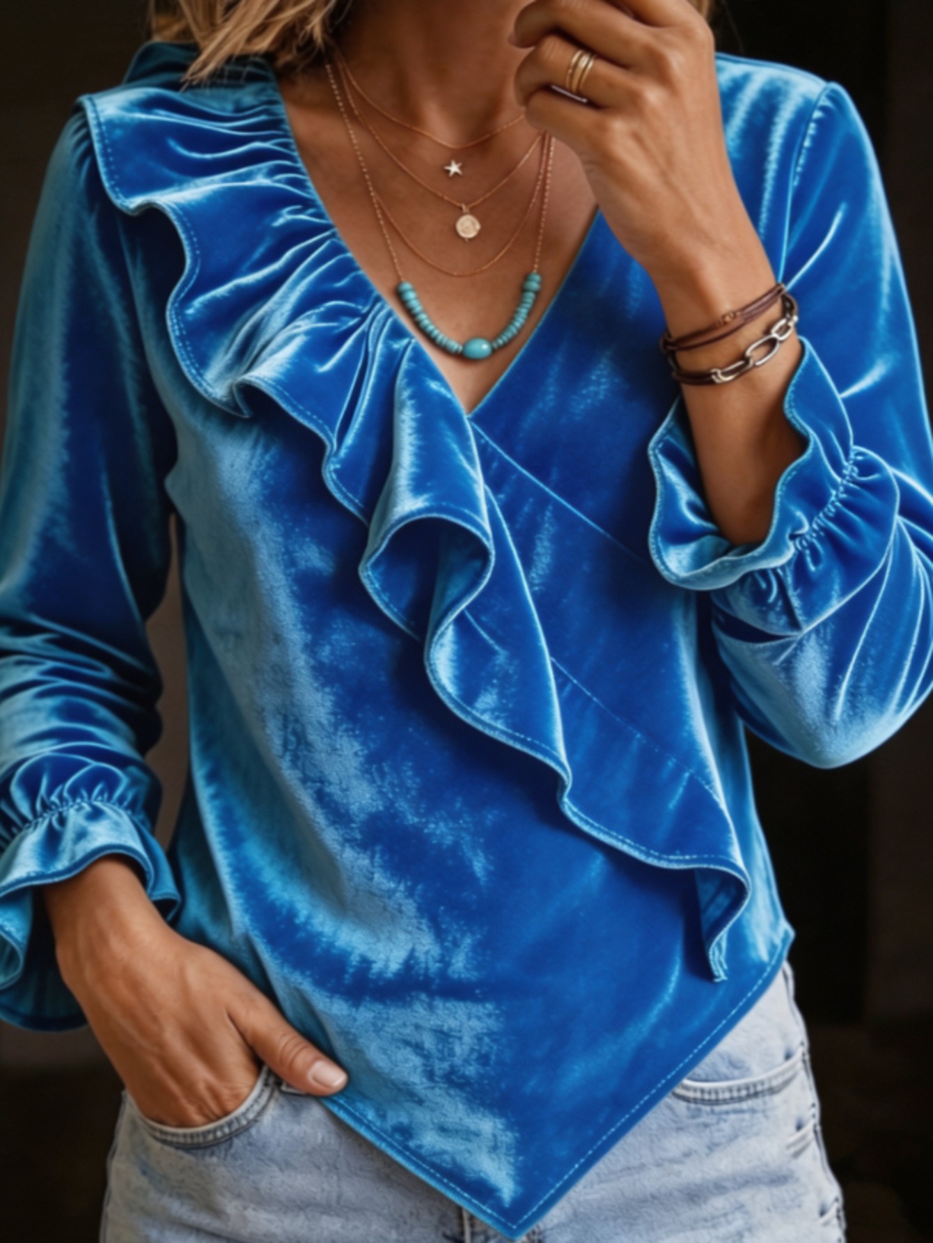 Womens Velvet V-neck Ruffled Top