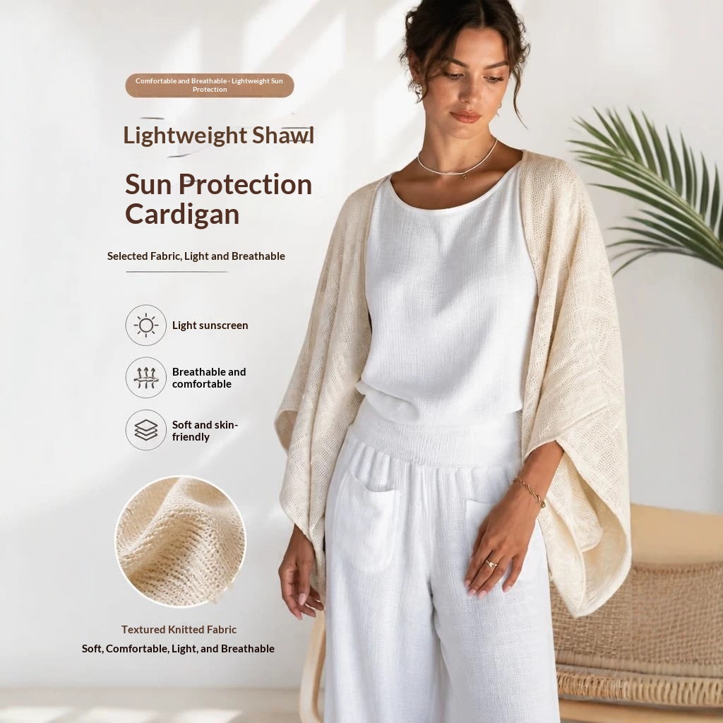 Solid-color Textured Cotton-linen Loose-fit Batwing-sleeve Shawl Cardigan For Women