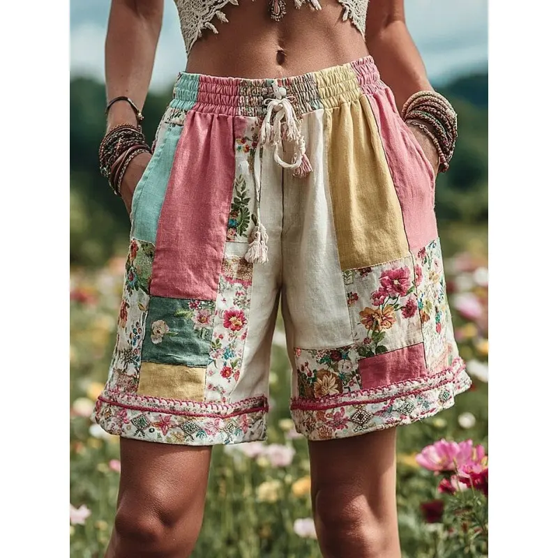Retro Floral Print Casual Womens Shorts