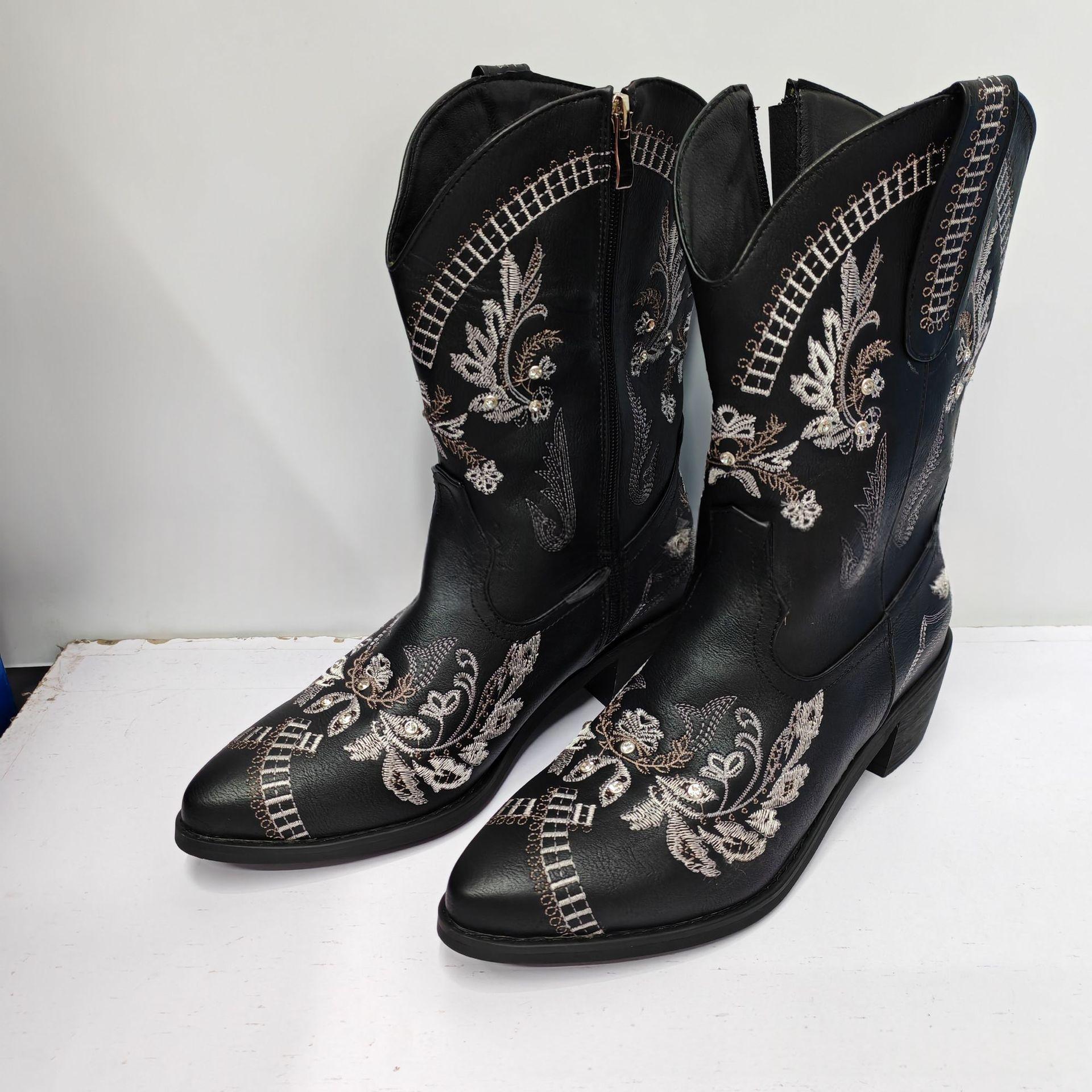 Embroidered Rhinestone Chunky High-Heel Boots, picture 2 of 8