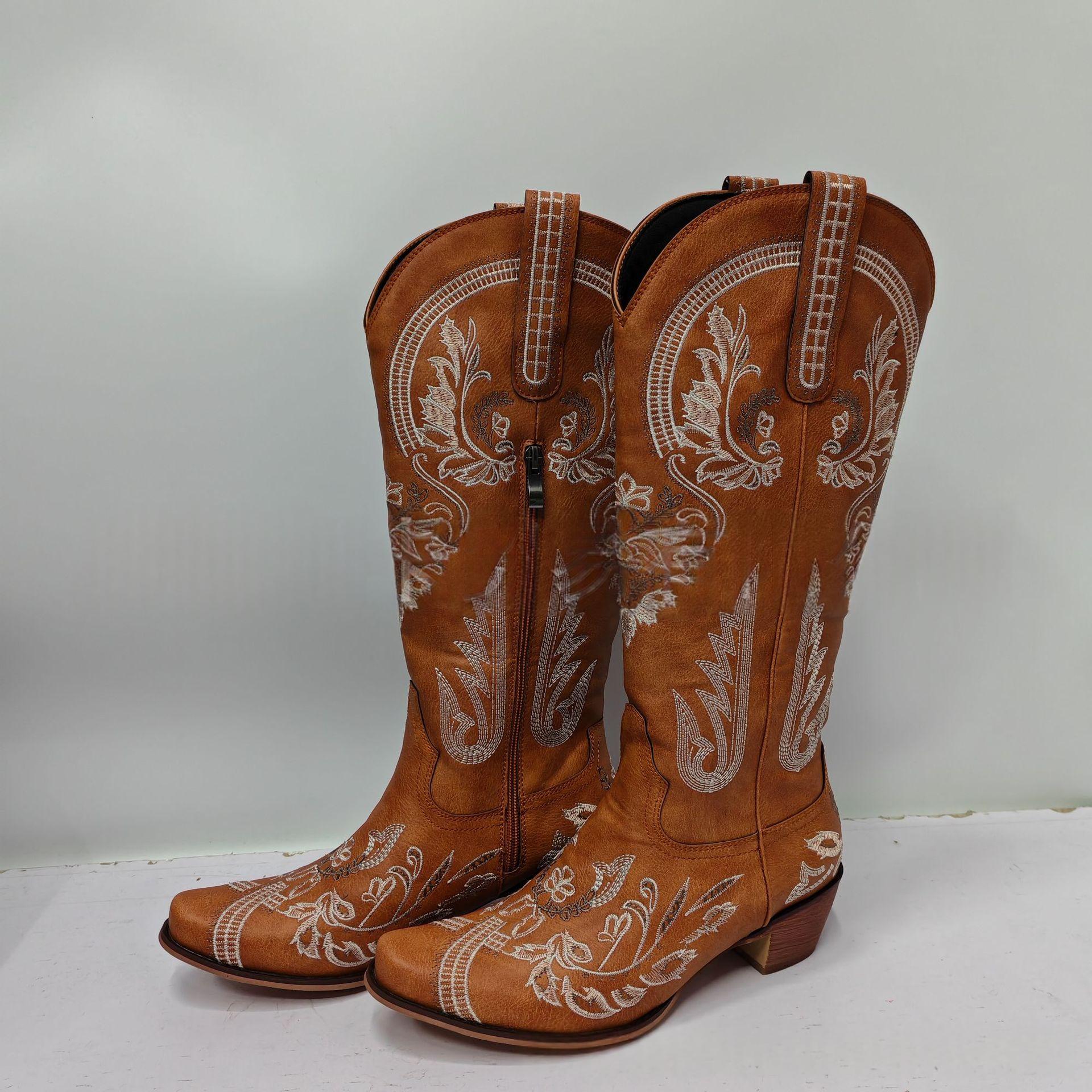 Embroidered Rhinestone Chunky High-Heel Boots, picture 7 of 8