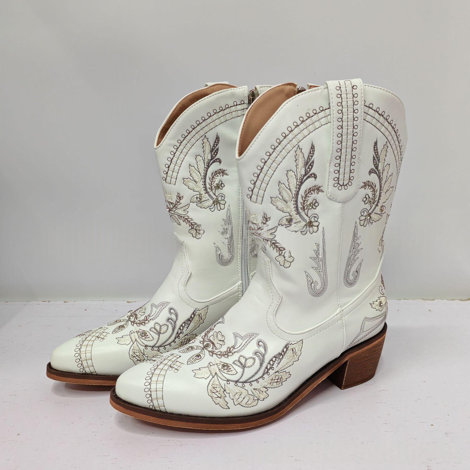 Embroidered Rhinestone Chunky High-Heel Boots, picture 8 of 8