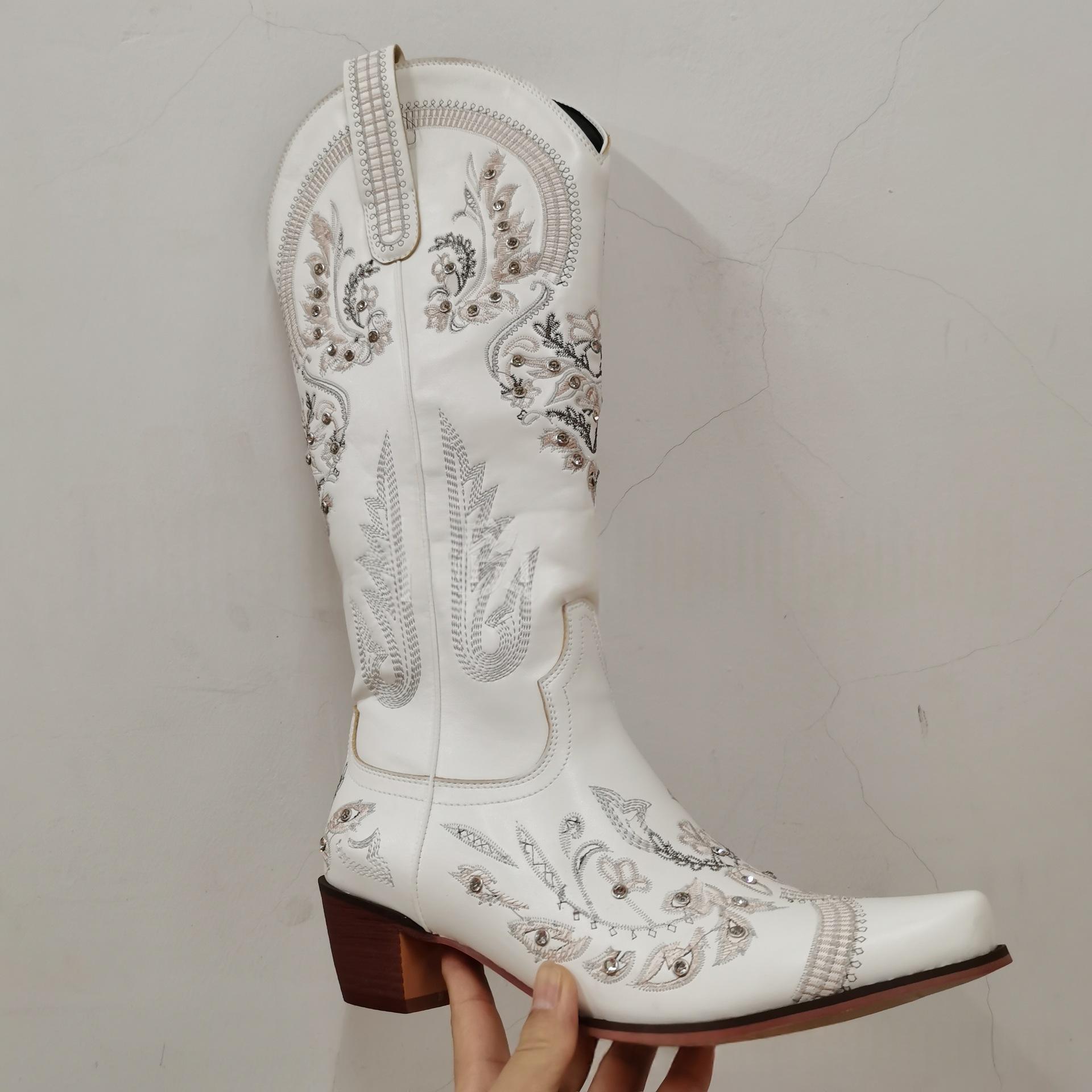 Embroidered Rhinestone Chunky High-Heel Boots, picture 3 of 8