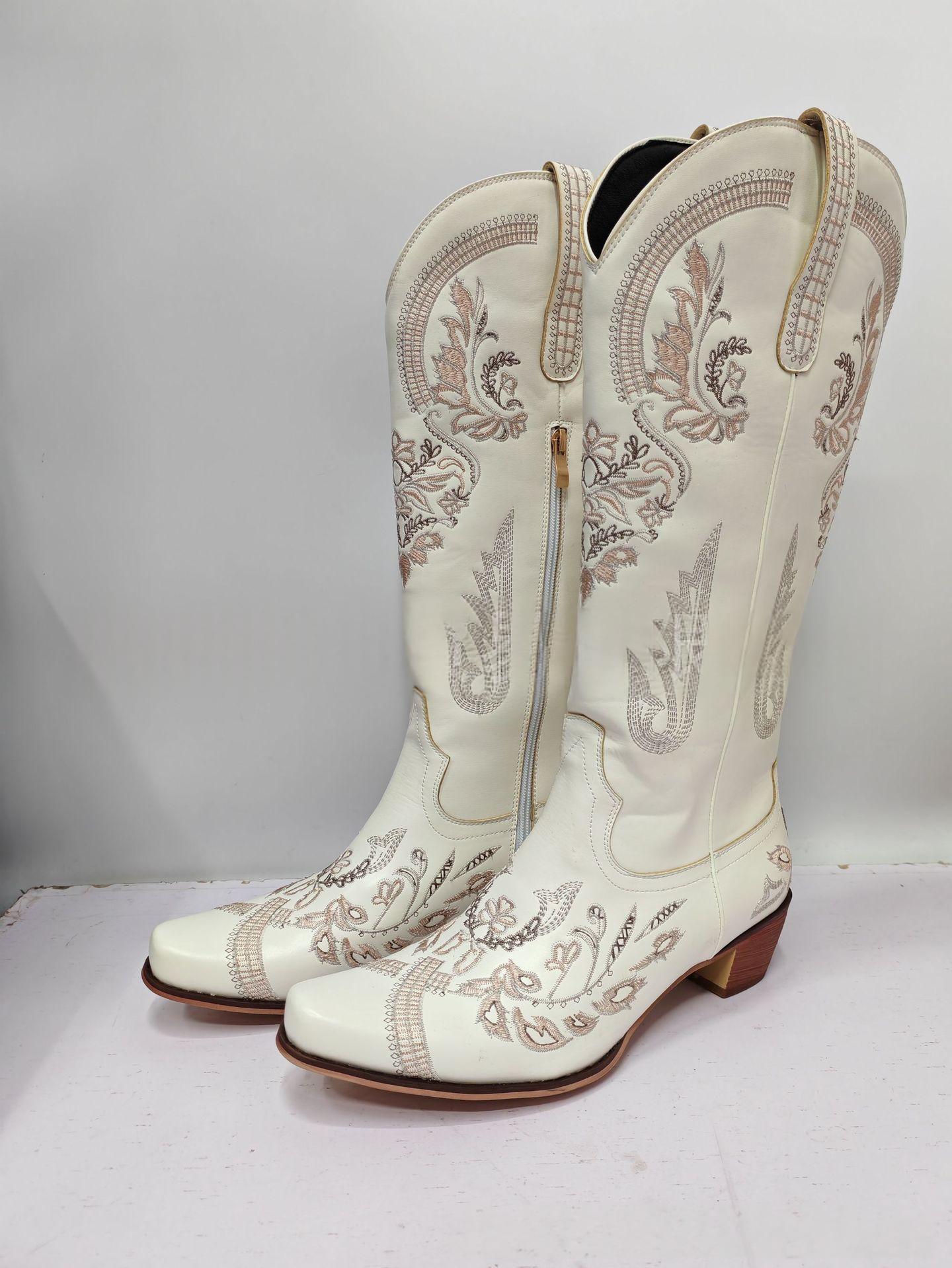 Embroidered Rhinestone Chunky High-Heel Boots, picture 4 of 8