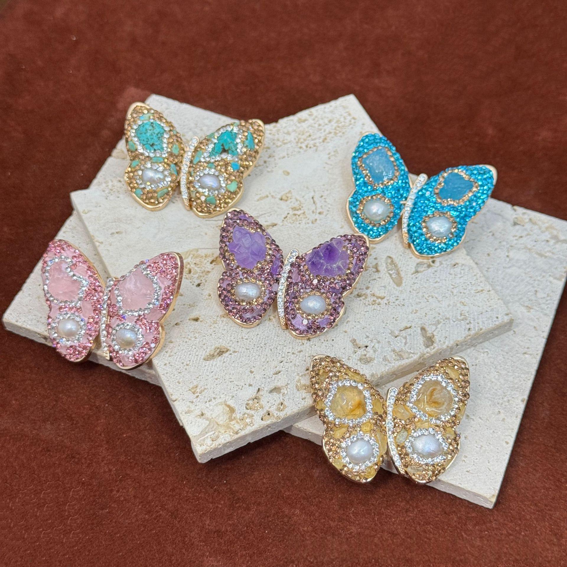 Natural Crystal Raw Stone Full-Diamond Butterfly Brooch For Women