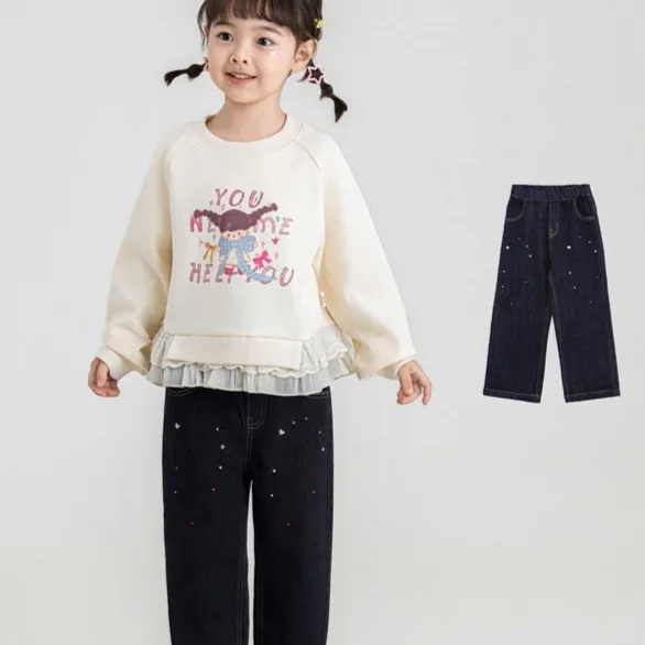 Large-size Straight-leg Navy Blue Fade-resistant Jeans for Older Children