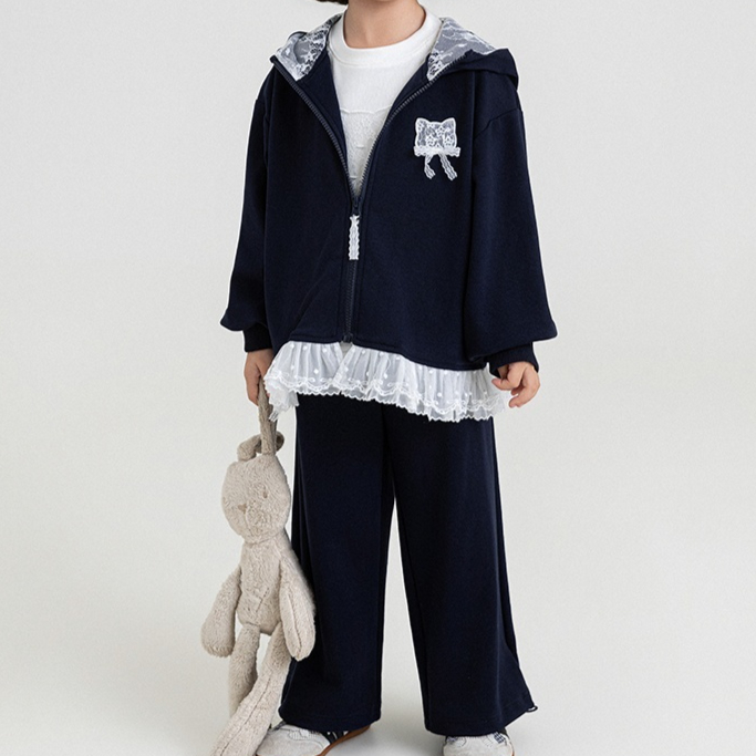 Girls Lace-Embroidered Zip-Up Hoodie And Wide-Leg Sweatpants Set — image 1