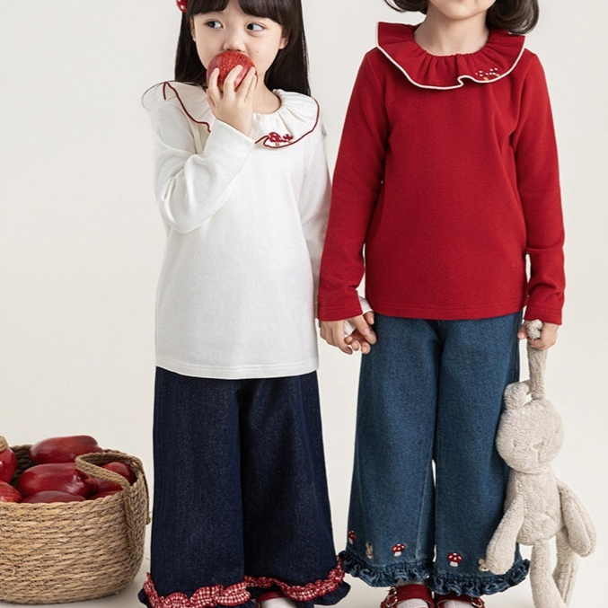 Girl's Ruffled-edged Bear And Floral Embroidered Vest With Lace Denim Jeans — image 1