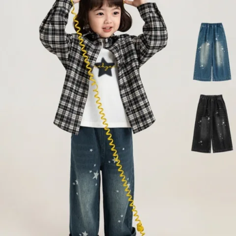 Girls' Wide-leg Multicolor Denim Jeans with Star Print