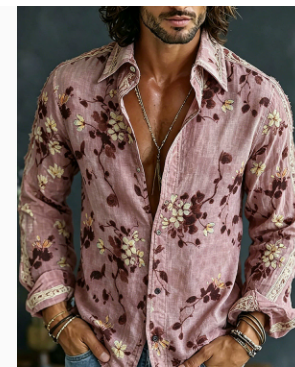 Men's Digital-Print Retro Floral Casual Shirt