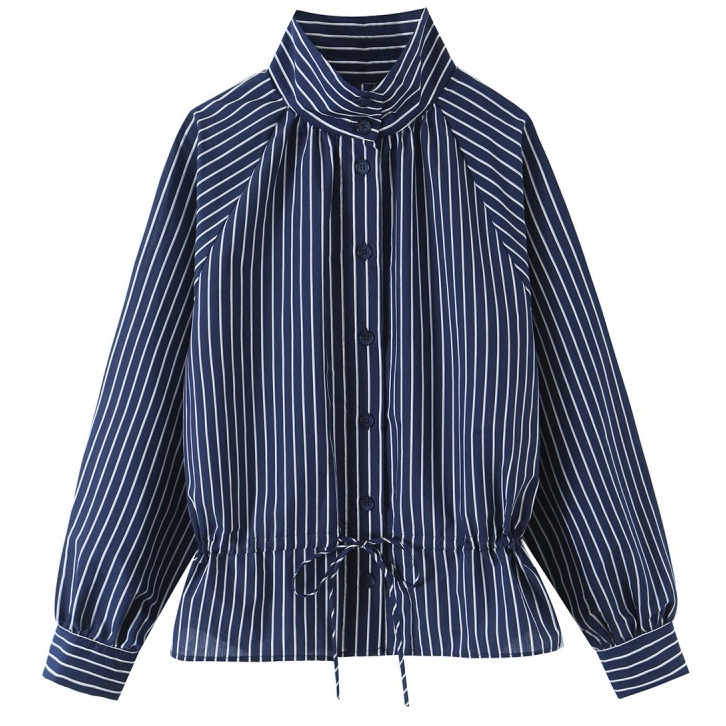 Women's Waist-cinching Striped Long-sleeve Shirt