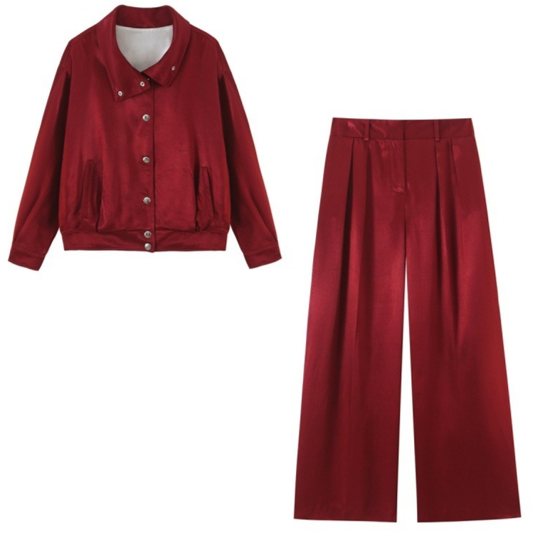 Fashionable Stand-collar Jacket And Straight-leg Pants Set