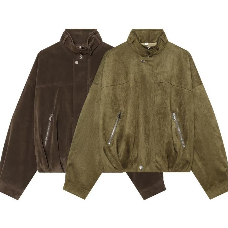 Women's Suede Stand Collar Pleated Waist-Cinching Zip-Up Jacket Coat