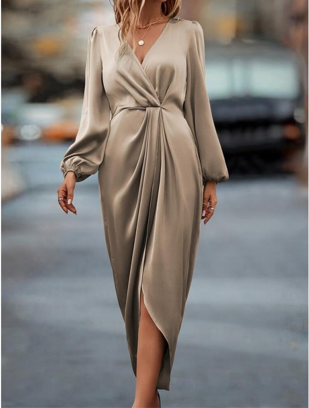 New Style Elegant Cross-Neck Pleated Slit Puff Sleeve Irregular Long-Sleeve Dress Women's Dress variant 6
