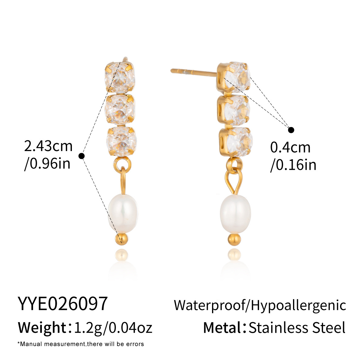 Gold-Plated Pearl & Zircon Drop Earrings - size guide