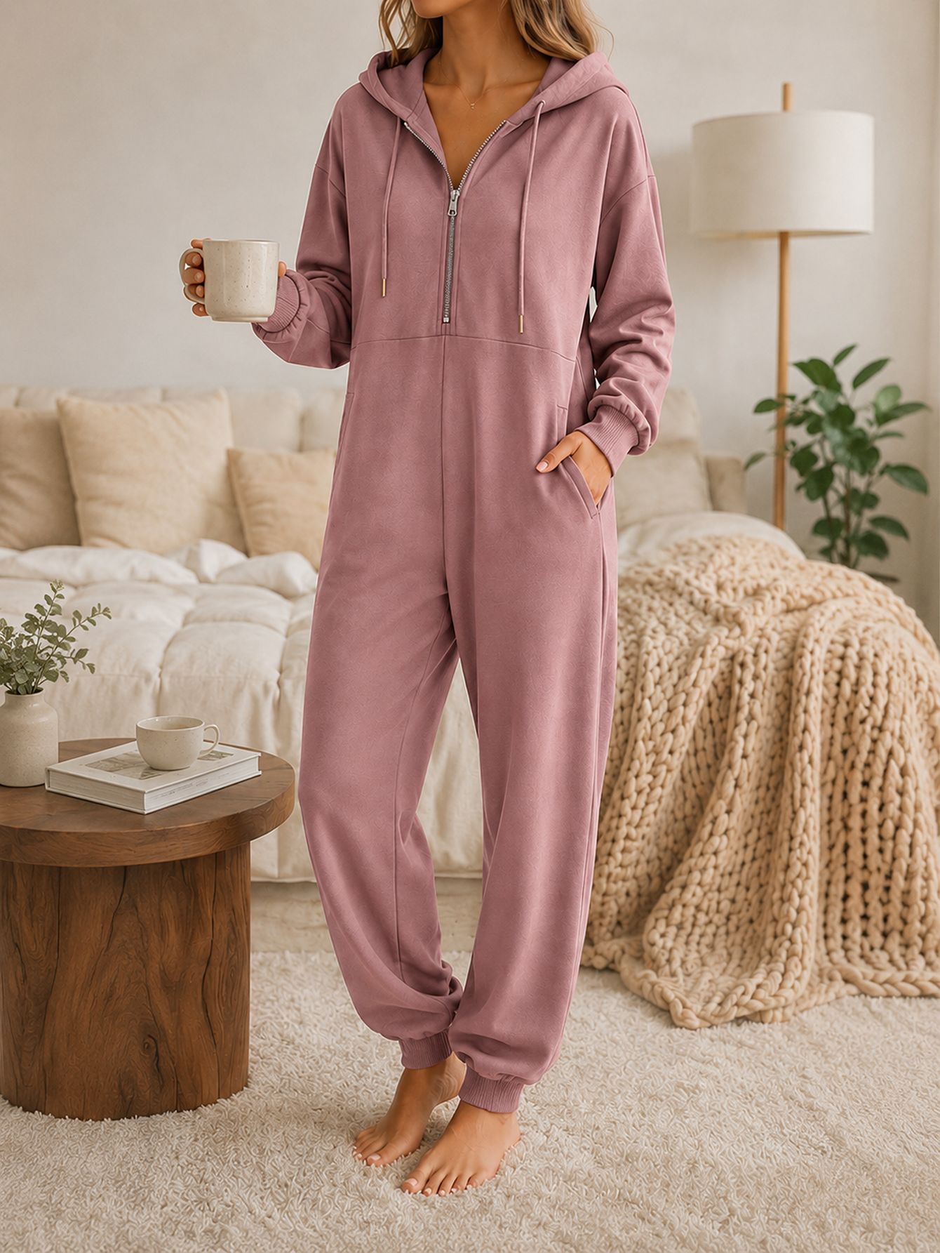 Hooded Zip-up Casual Loose-fitting Jumpsuit