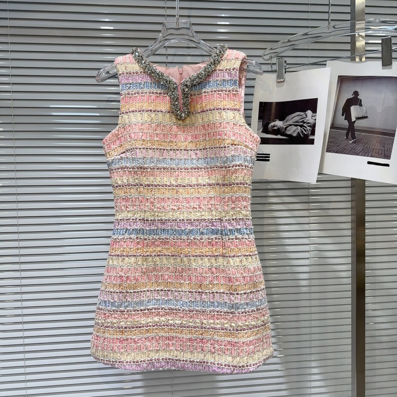 Heavy-duty Rhinestone-trimmed Collar Colorful Tweed Vest Dress