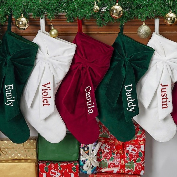 Embroidered Christmas Bow Christmas Socks