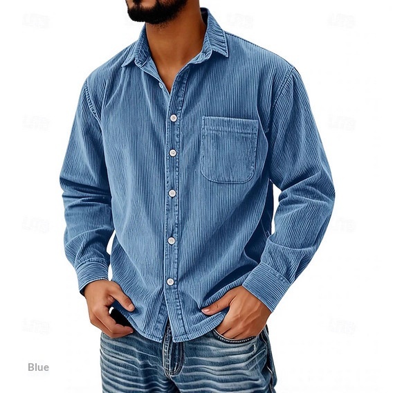 No-Iron Wrinkle-Resistant Striped Lapel Corduroy Men's Shirt