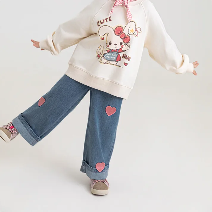 Girls' Embroidered Wide-leg Denim Pantswrinkle-resistant