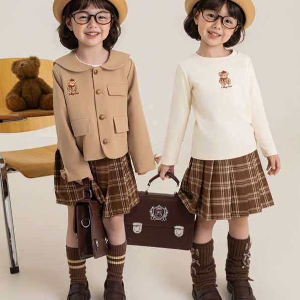 Little Girl's Bear-Embroidered Jacket Long-Sleeve T-Shirt And Plaid Pleated Skirt Set — image 1