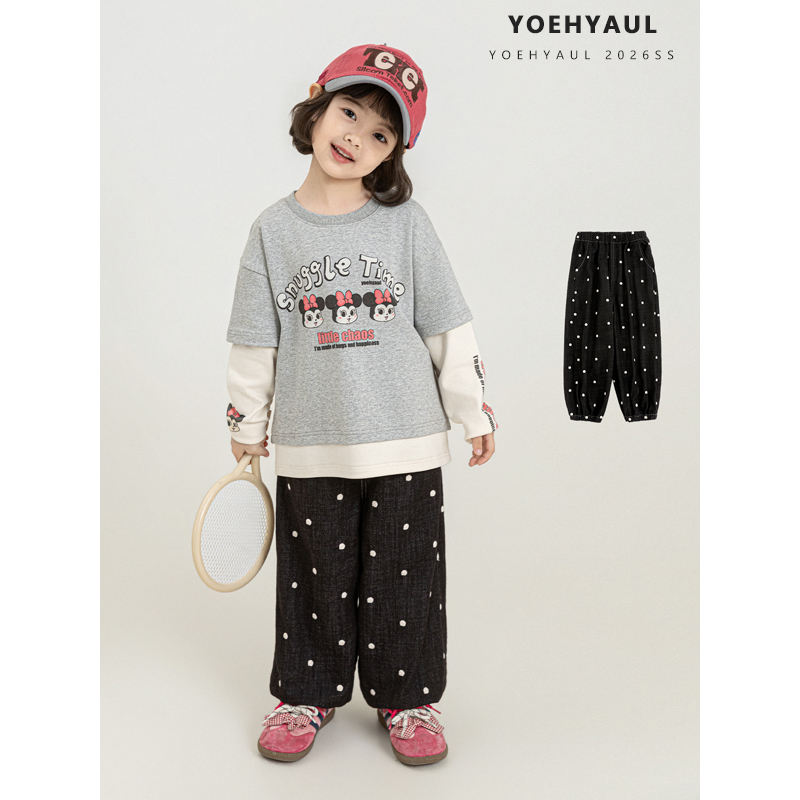 Autumn Girls' Black Polka-dot Print Loose Casual Trousers