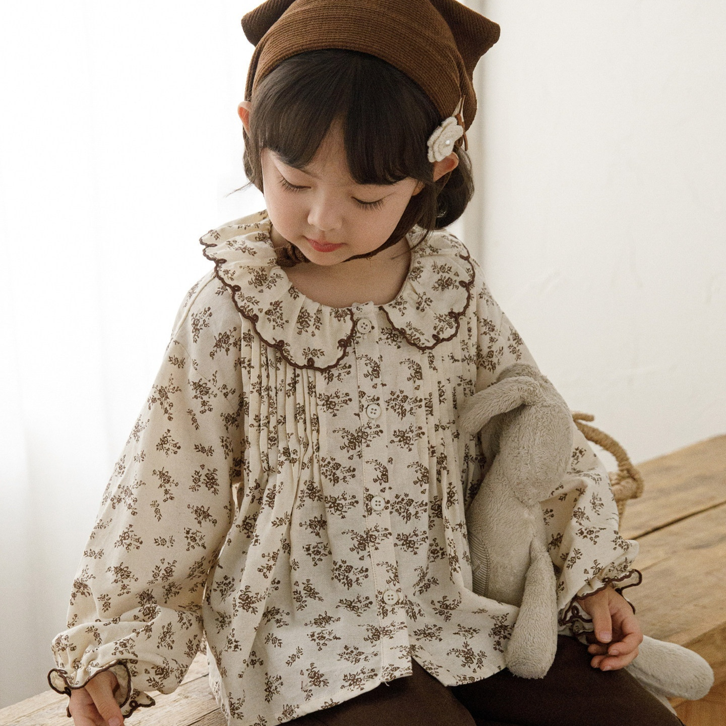 Children's Floral-print Ruffled Peter Pan Collar Loose-fit Button-up Shirt