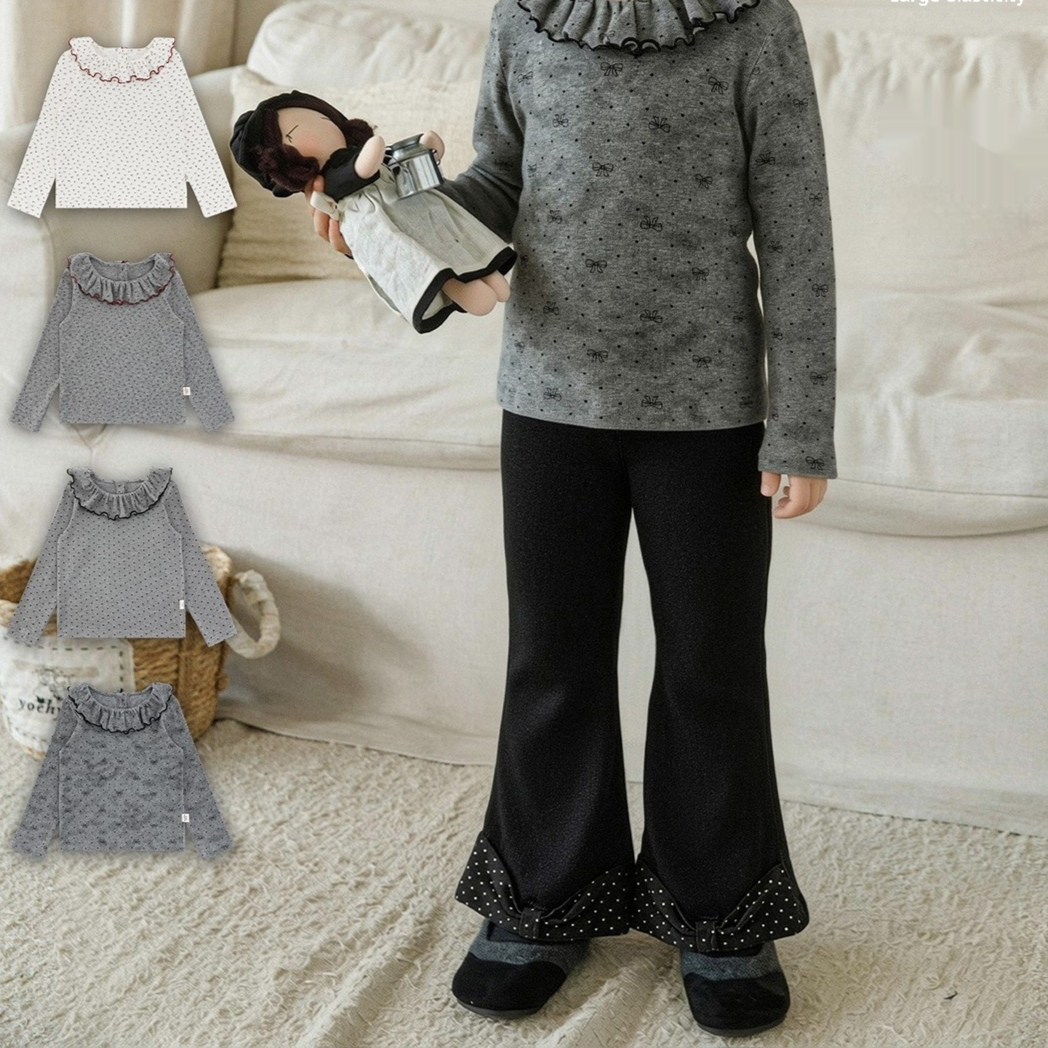 Children's Lace-trimmed Ruffle-neck Long-sleeve Knitted Cotton Top