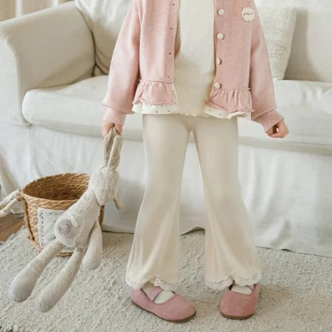 Lace-trimmed High-stretch Ribbed Knit Pants for Teens