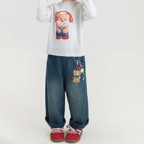 Cute Bear-Print Wide-Leg Stretch-Waist Casual Denim Pants for Kids