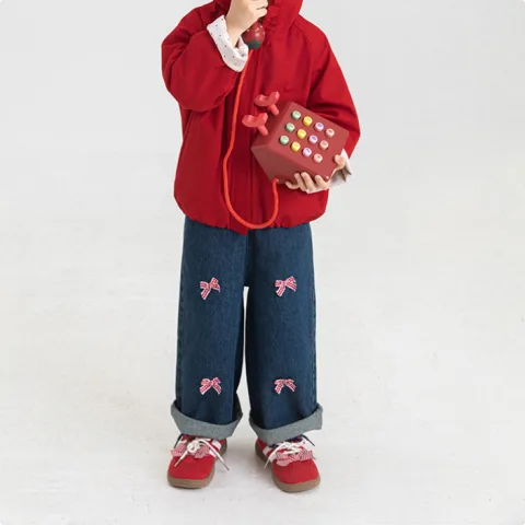 Bow-Embroidered Denim Wide-Leg Jeans for Girls