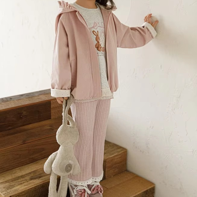 Versatile Girls Ribbed Flared Pants With Lace Trim