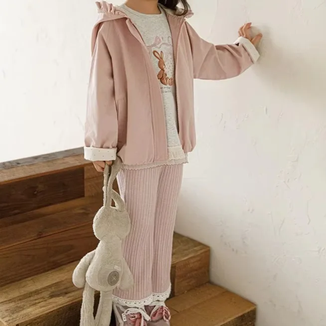 Versatile Girls Ribbed Flared Pants with Lace Trim