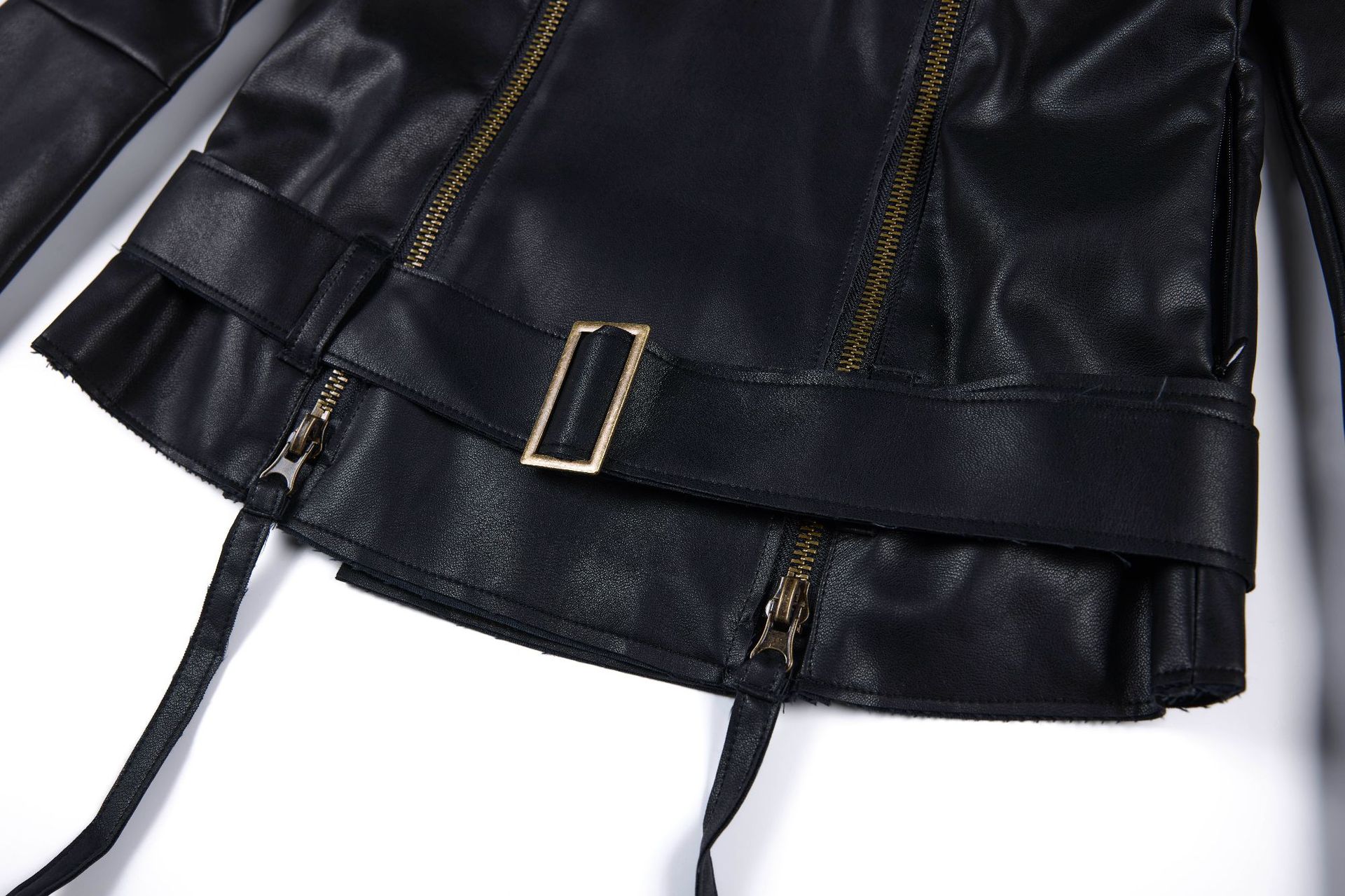 Womens American-style Dark-chic Leather Biker Jacket With A Stand-up Collar And Belt