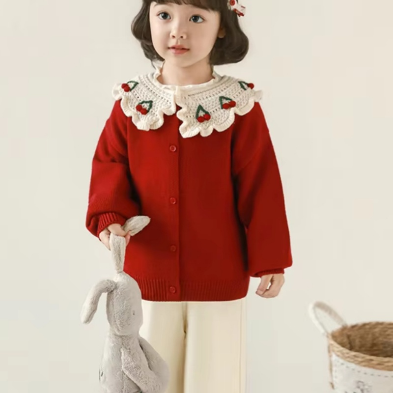 Cherry-embroidered Cardigan Sweater With A Crocheted Collar And Button Closure — image 1