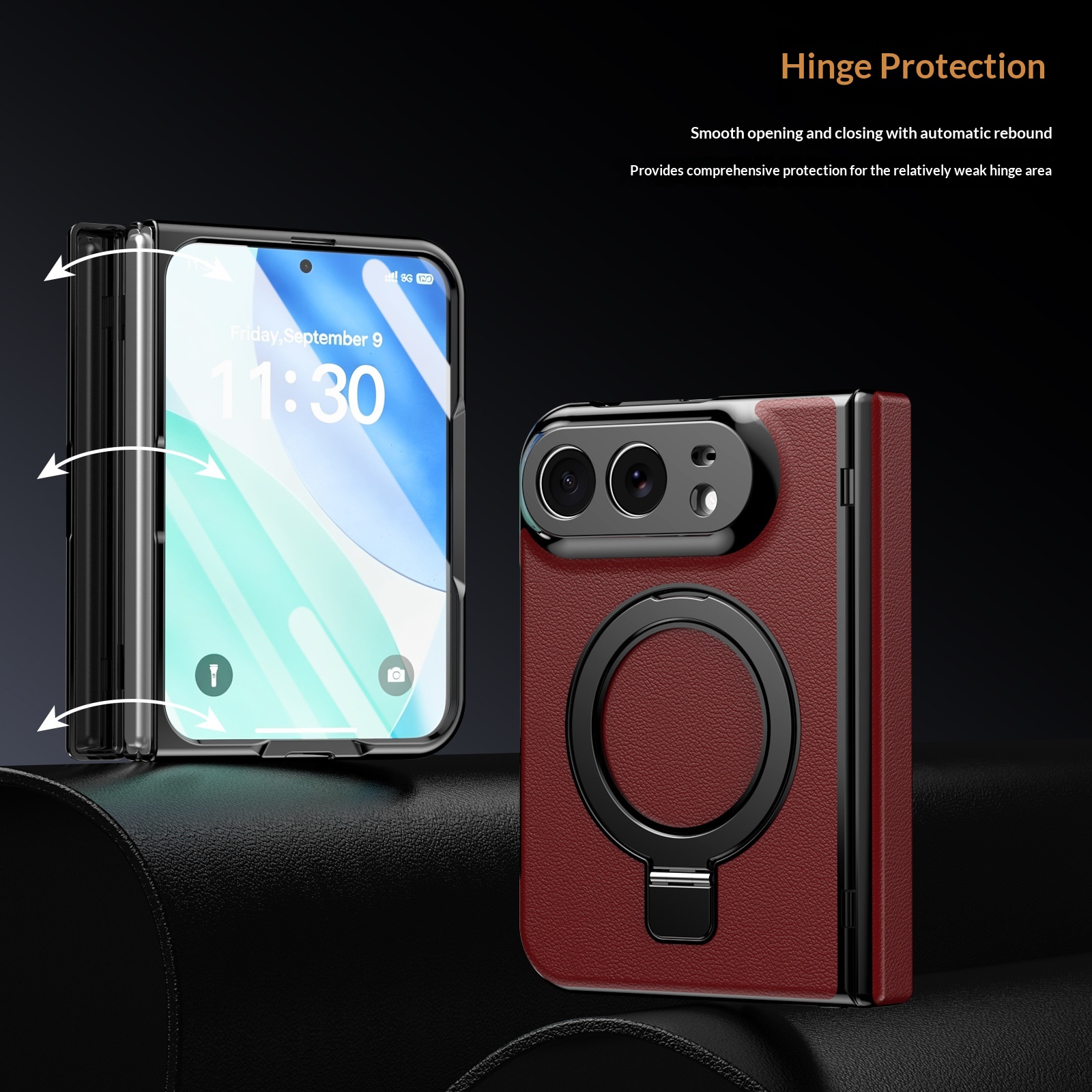 Funda plegable con bisagra eje central para celular